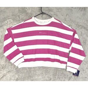 NWT Champion Cropped Sweatshirt Womens Large Dark Pink/White Striped Pullover